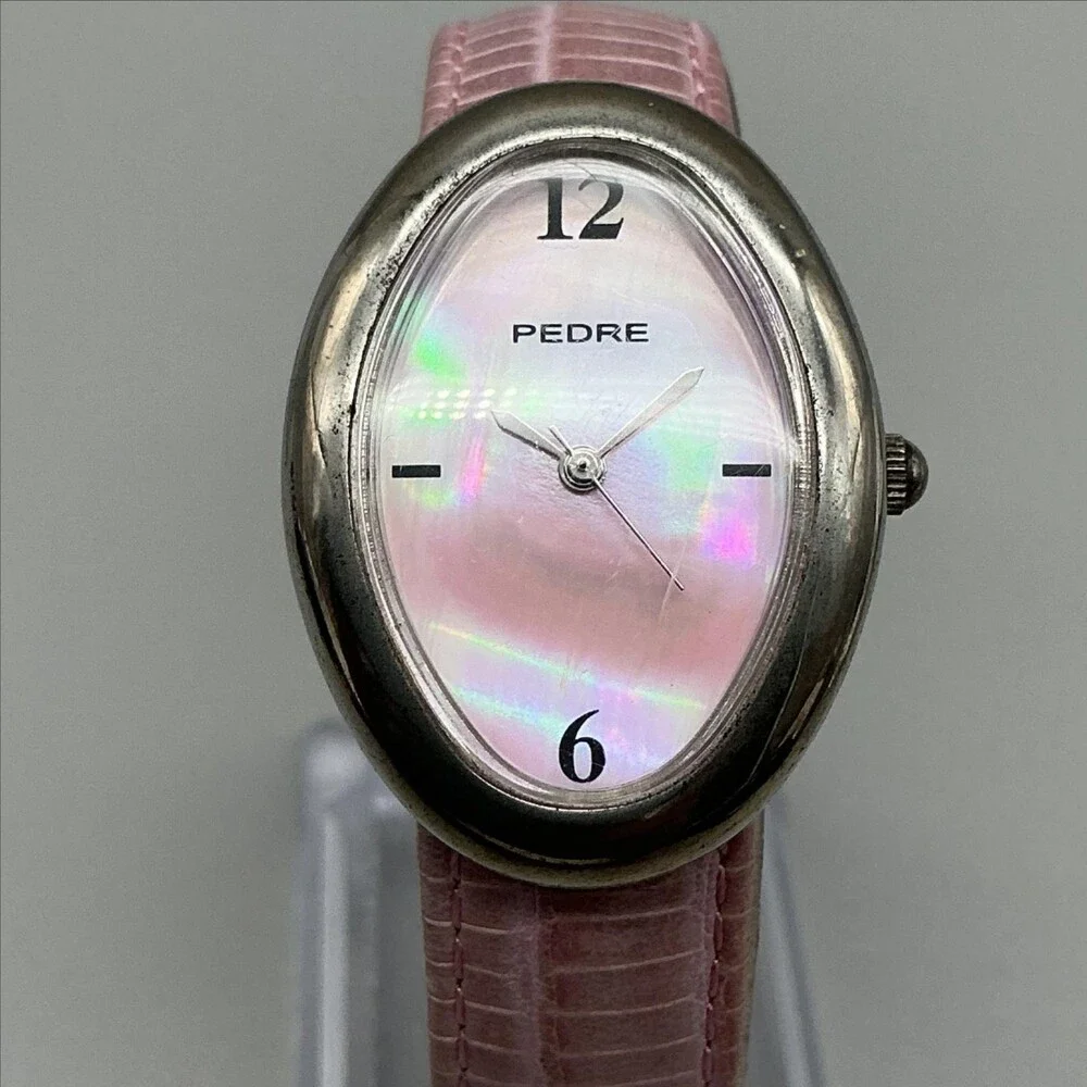Pedre Womens Dress Watch 25mm Pink MOP Oval Silver Tone Leather New Battery